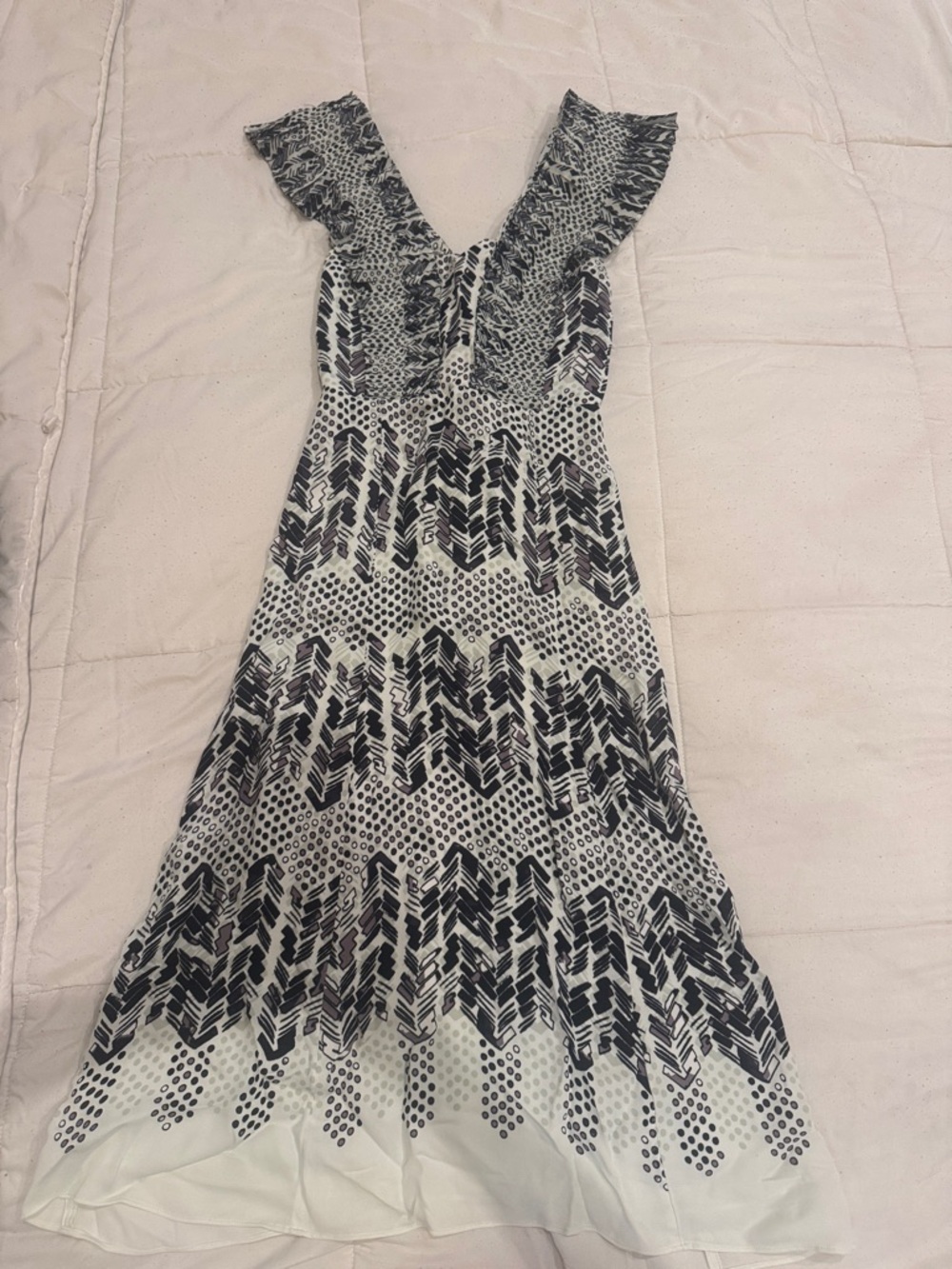 Reiss Black and White Midi Dress with V-Neck Ruffle Shoulders
